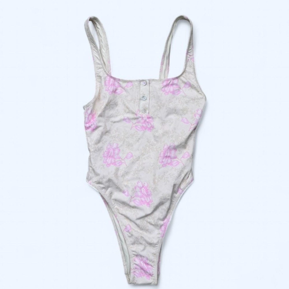 Frankie's Bikinis Cream One-Piece Swimsuit with Pink Floral Print